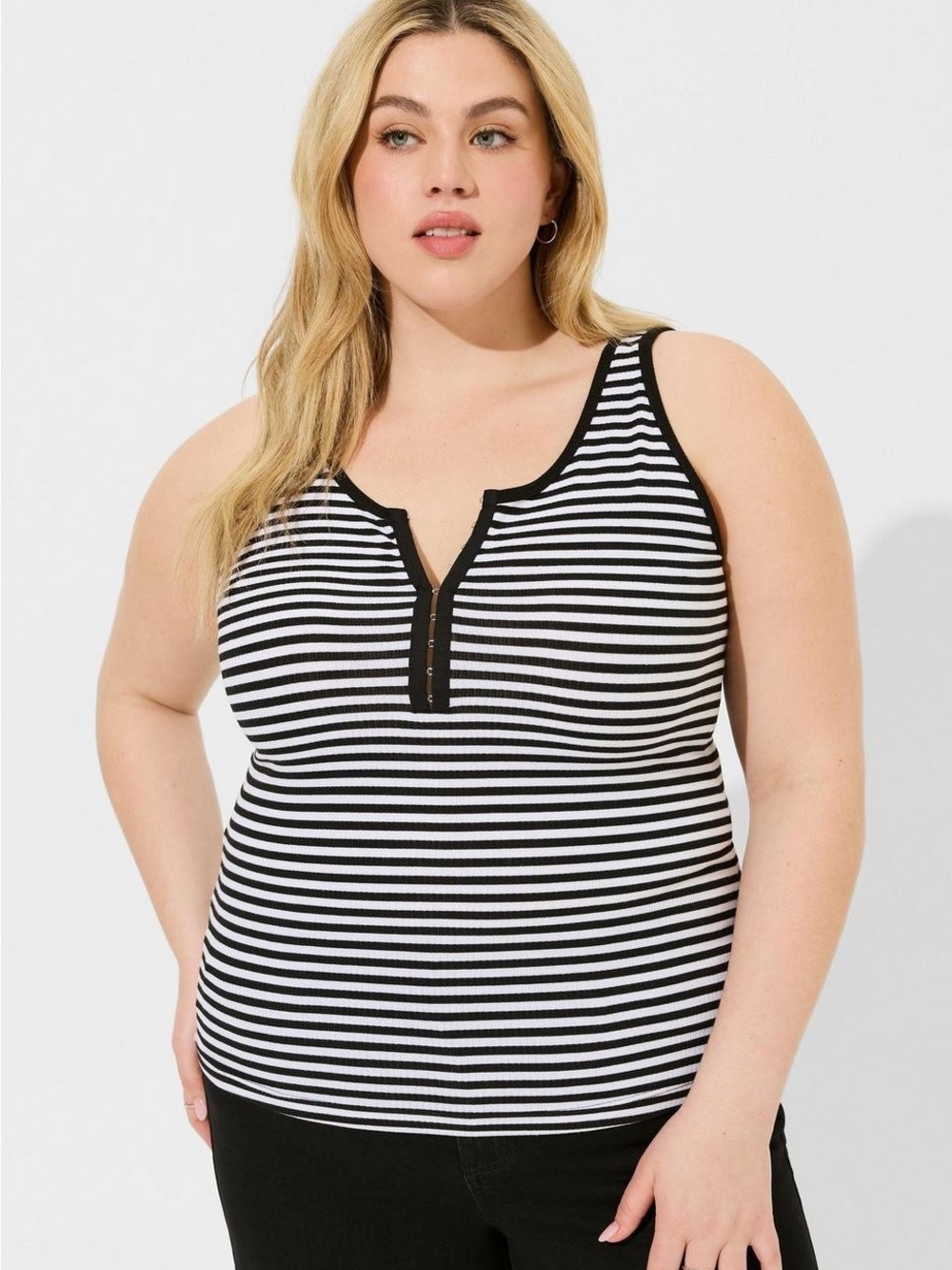 torrid Black & White Striped Ribbed Henley Tank